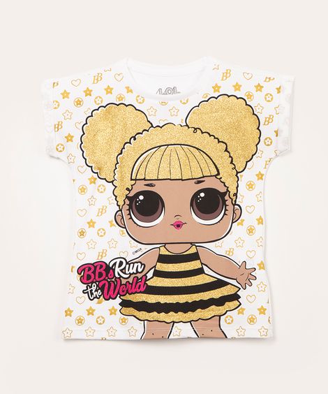 blusa infantil manga curta lol surprise com glitter off white