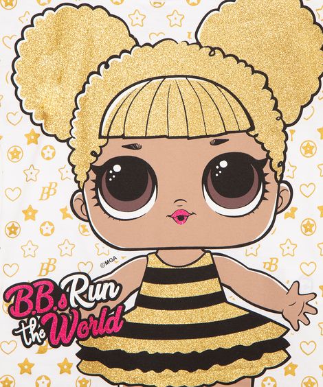 blusa infantil manga curta lol surprise com glitter off white