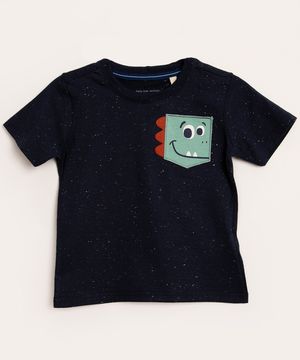 camiseta infantil manga curta com bolso dinossauro azul marinho