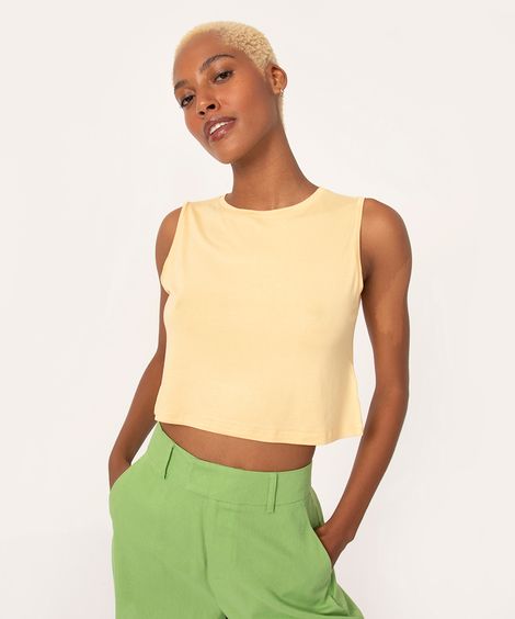 regata cropped básica decote redondo amarelo