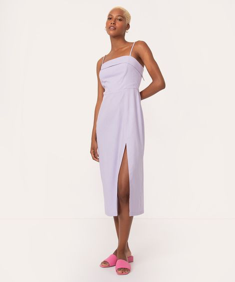 vestido com linho midi fenda decote babado roxo