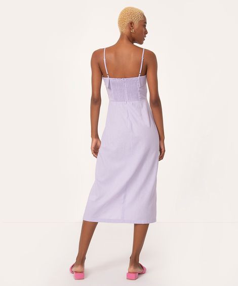 vestido com linho midi fenda decote babado roxo