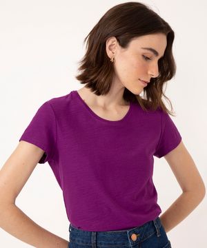 blusa de flamê básica manga curta decote redondo roxa