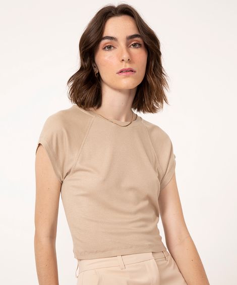 camiseta baby look raglan canelada manga curta bege