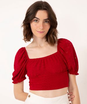 blusa cropped de laise manga bufante vermelha