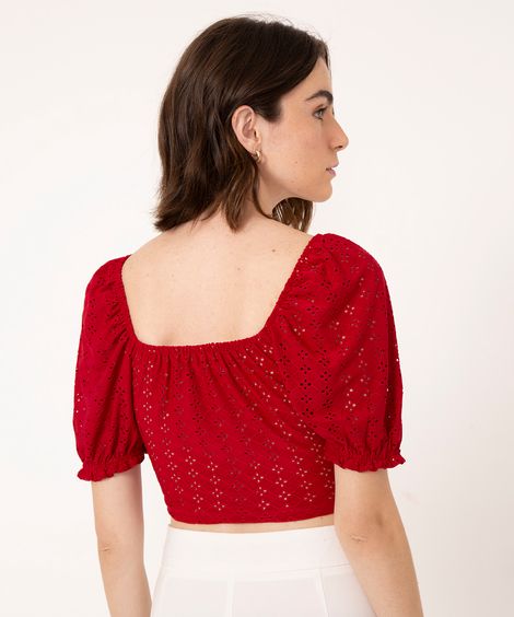 blusa cropped de laise manga bufante vermelha