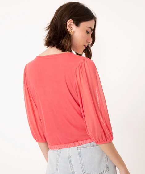 blusa de tule decote v transpassado manga bufante coral