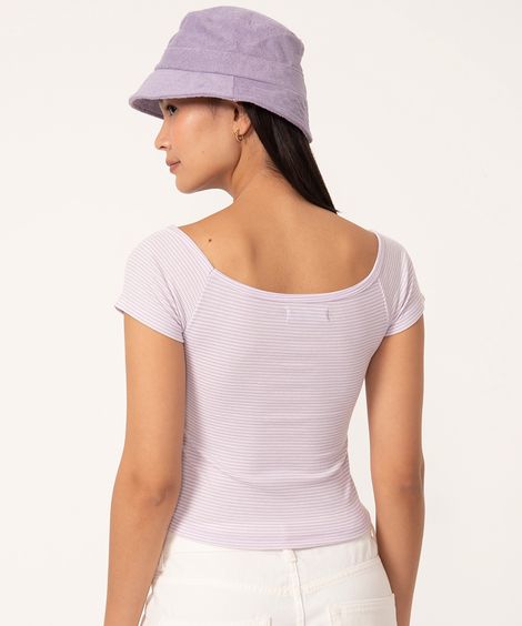 blusa listrada manga curta decote redondo com x lilás