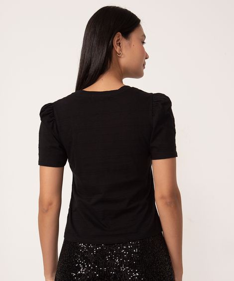 camiseta de algodão decote v manga bufante preto