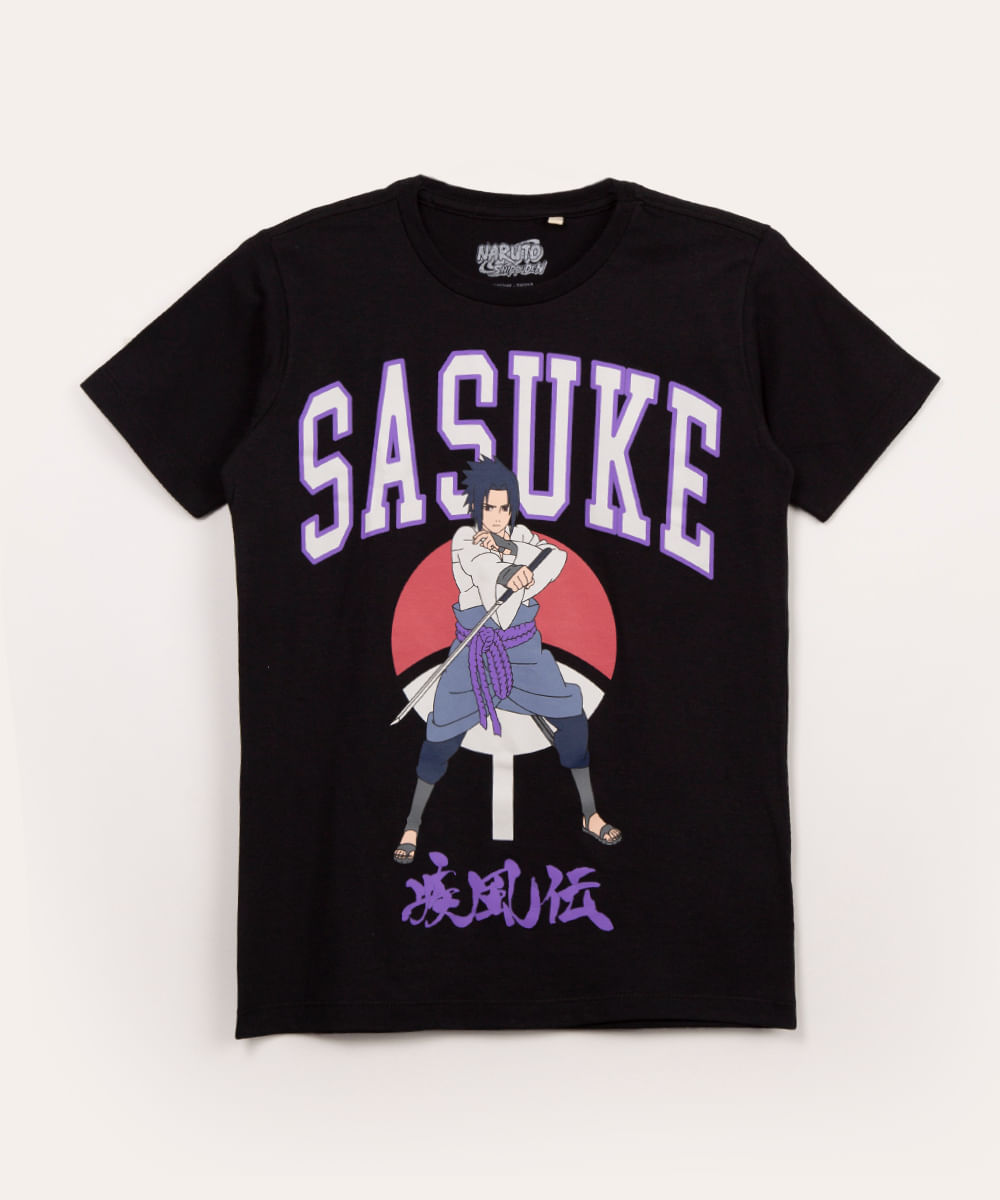 Camiseta Manga Curta com Estampa Sasuke Preto