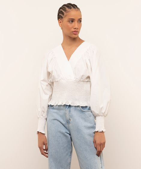 blusa decote v manga bufante mindset branco