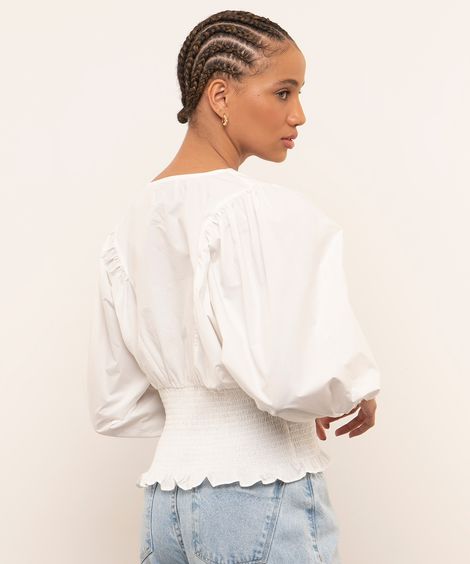 blusa decote v manga bufante mindset branco