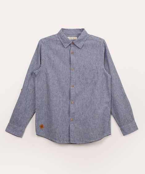 camisa juvenil com linho manga longa listrada azul