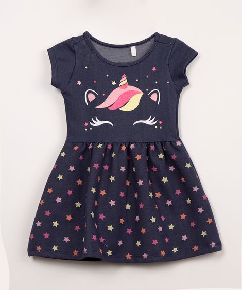 vestido infantil jeans unicórnio azul escuro