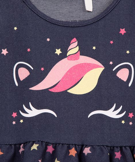 vestido infantil jeans unicórnio azul escuro