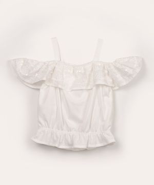 blusa infantil de laise paetê ciganinha off white