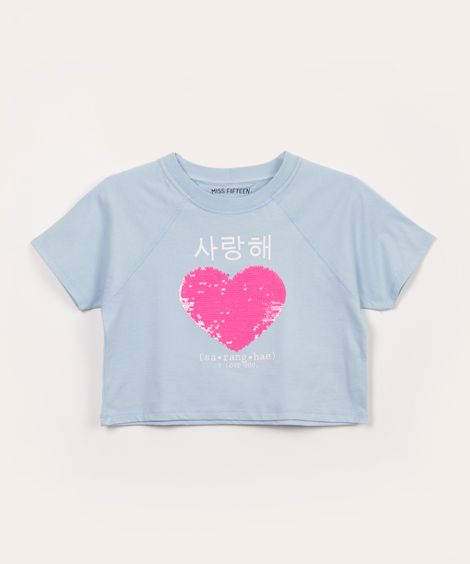 blusa juvenil manga curta coração com paetê azul claro