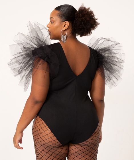 body plus size paetê manga de tule preto
