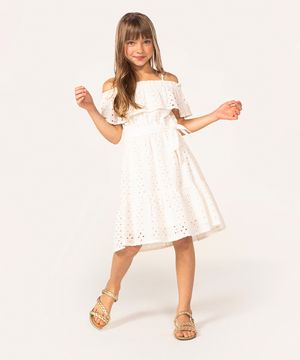 vestido infantil de laise ciganinha com laço off white