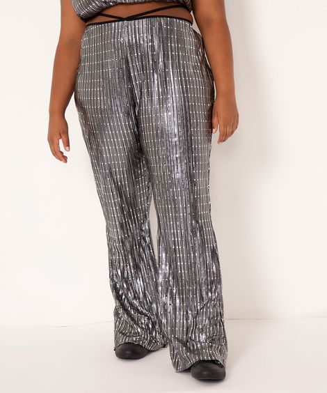 calça flare plus size brilho metalizado ohlograma preto
