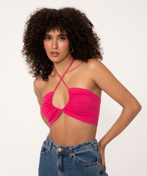 top canelado cut out amarração pink