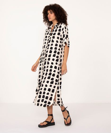 vestido chemise de viscose longo poá off white