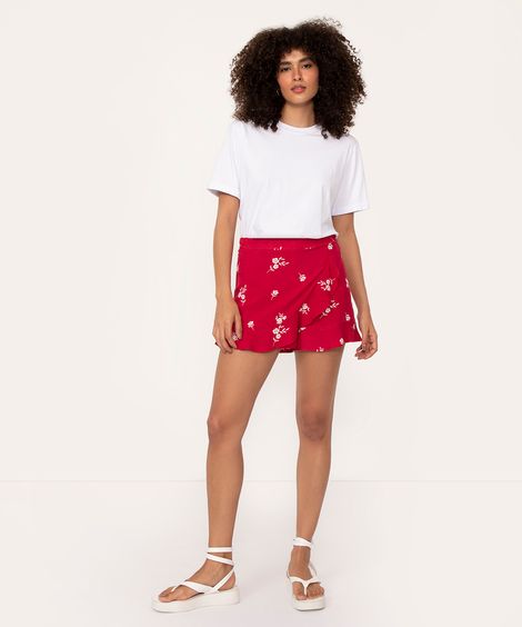 short saia curto floral com babado vermelho