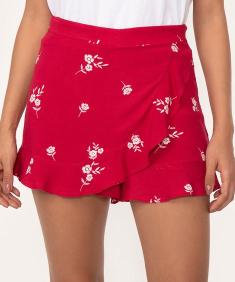 short saia curto floral com babado vermelho