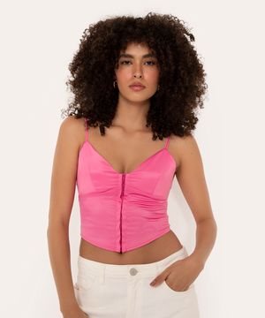 top cropped corset de cetim alça fina pink