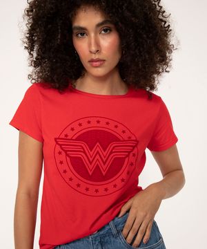 camiseta de algodão manga curta mulher maravilha vermelho