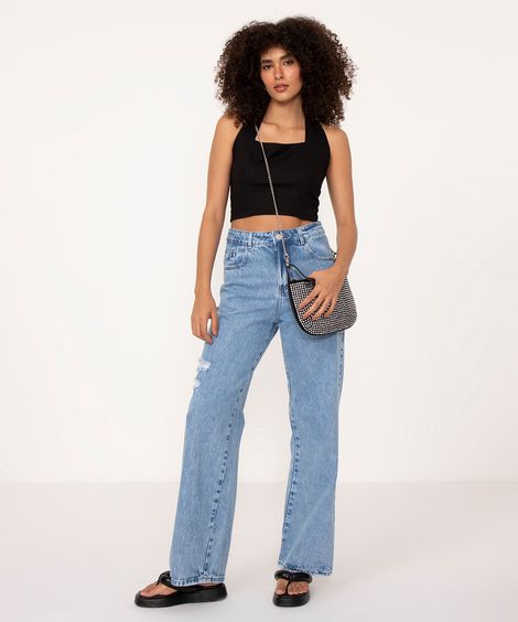 calça jeans wide leg cintura super alta com rasgos sawary azul médio