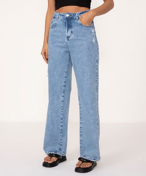 calça jeans wide leg cintura super alta com rasgos sawary azul médio