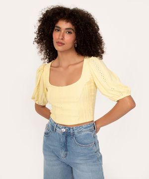 blusa texturizada manga curta bufante amarelo claro