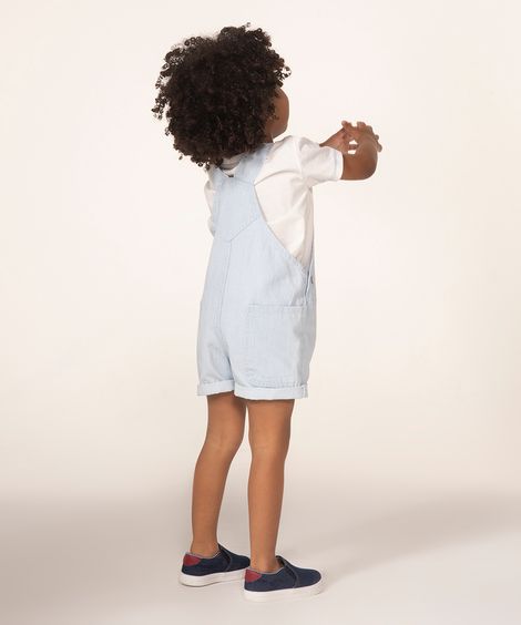 jardineira infantil jeans listrada azul