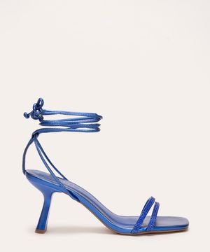 sandália amarração com strass salto médio oneself azul