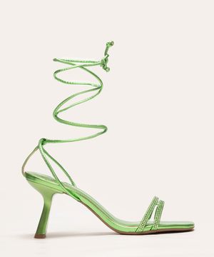 sandália com strass e amarração metalizada oneself verde