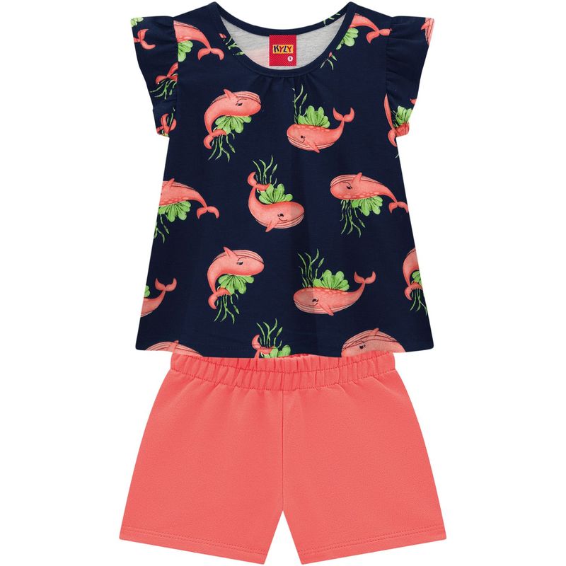 Conjunto Blusa E Short Moletinho Amigos Da Selva Marinho - Kyly