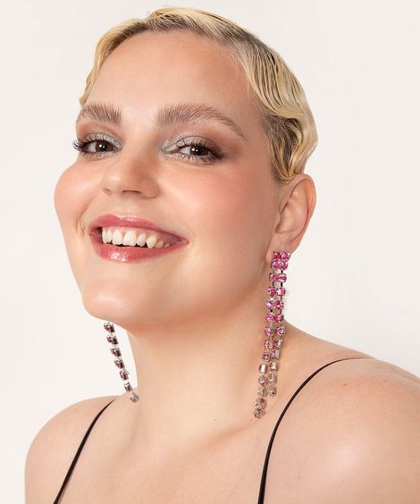 brinco de strass alongado ohlograma rosa
