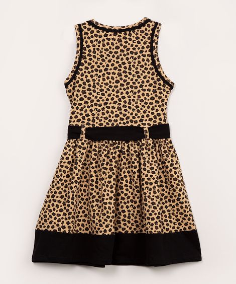 vestido infantil animal print com recorte e faixa para amarrar marrom