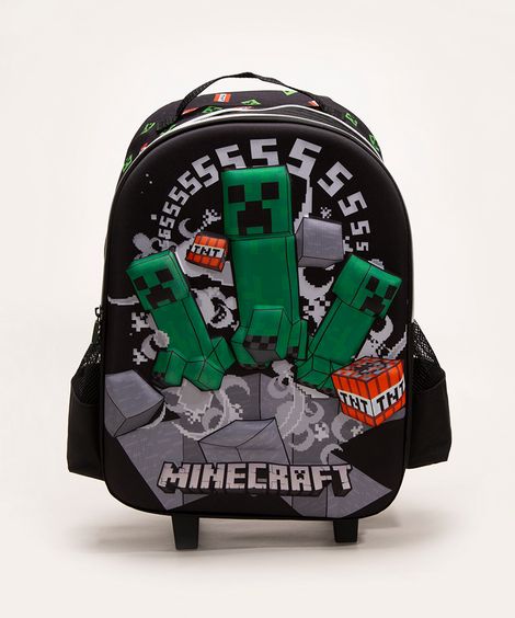 mochila escolar infantil com rodinhas minecraft 3d preto