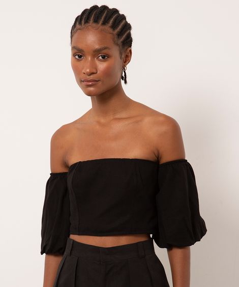 blusa com linho manga bufante mindset preto
