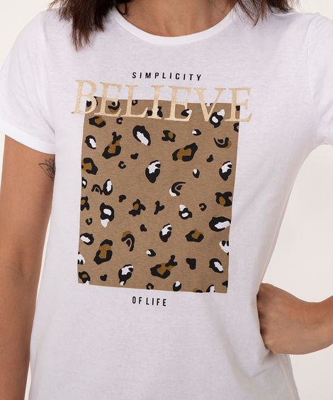 camiseta de algodão manga curta animal print off white