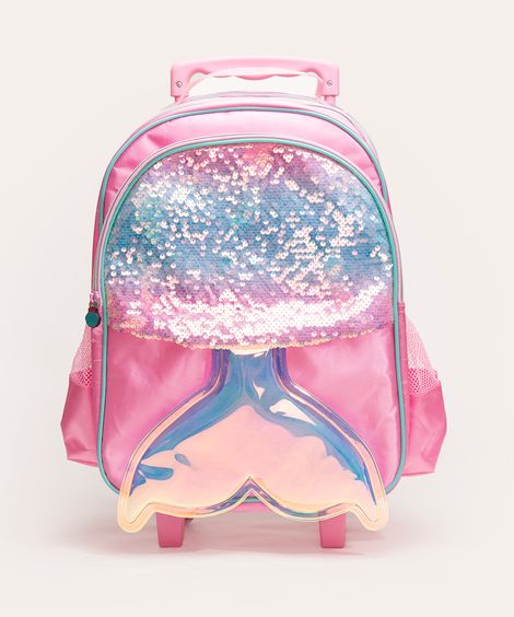 mochila infantil sereia com paetê e rodas rosa