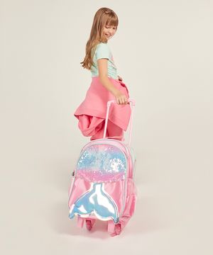 mochila infantil sereia com paetê e rodas rosa