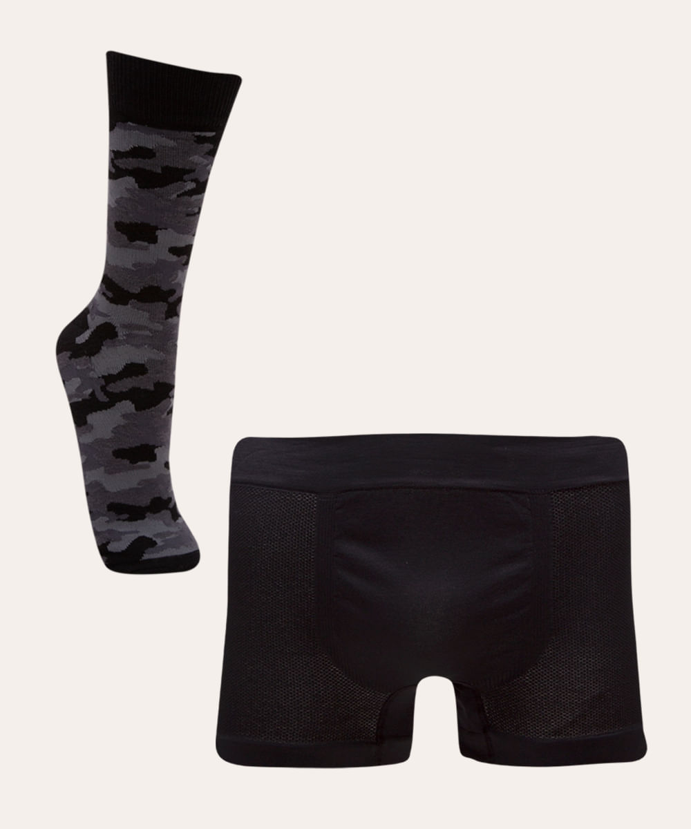 kit de cueca boxer e meia cano longo camuflada cinza escuro Menor preço em kit de cueca boxer e meia cano longo camuflada cinza escuro