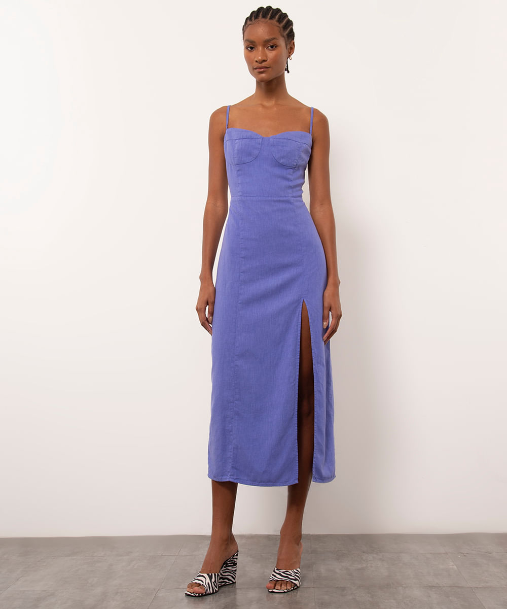 Vestido com Fenda Midi Alça Fina Mindset Roxo