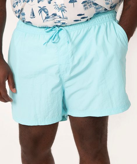 short plus size de poliamida com cordão azul médio