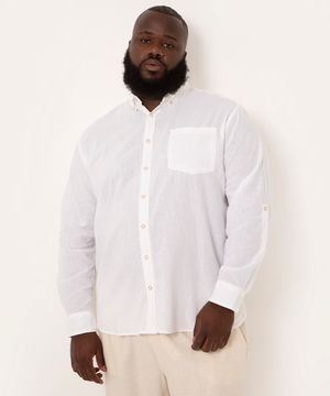 camisa plus size com linho manga longa branco