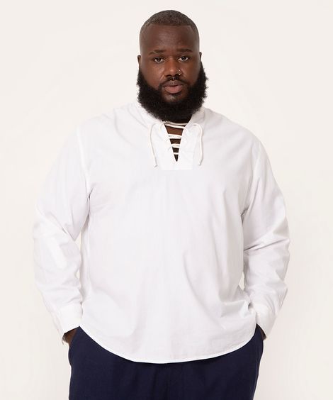camisa plus size gola padre com amarração branco