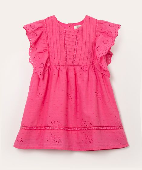 vestido infantil de algodão mangas babados rosa
